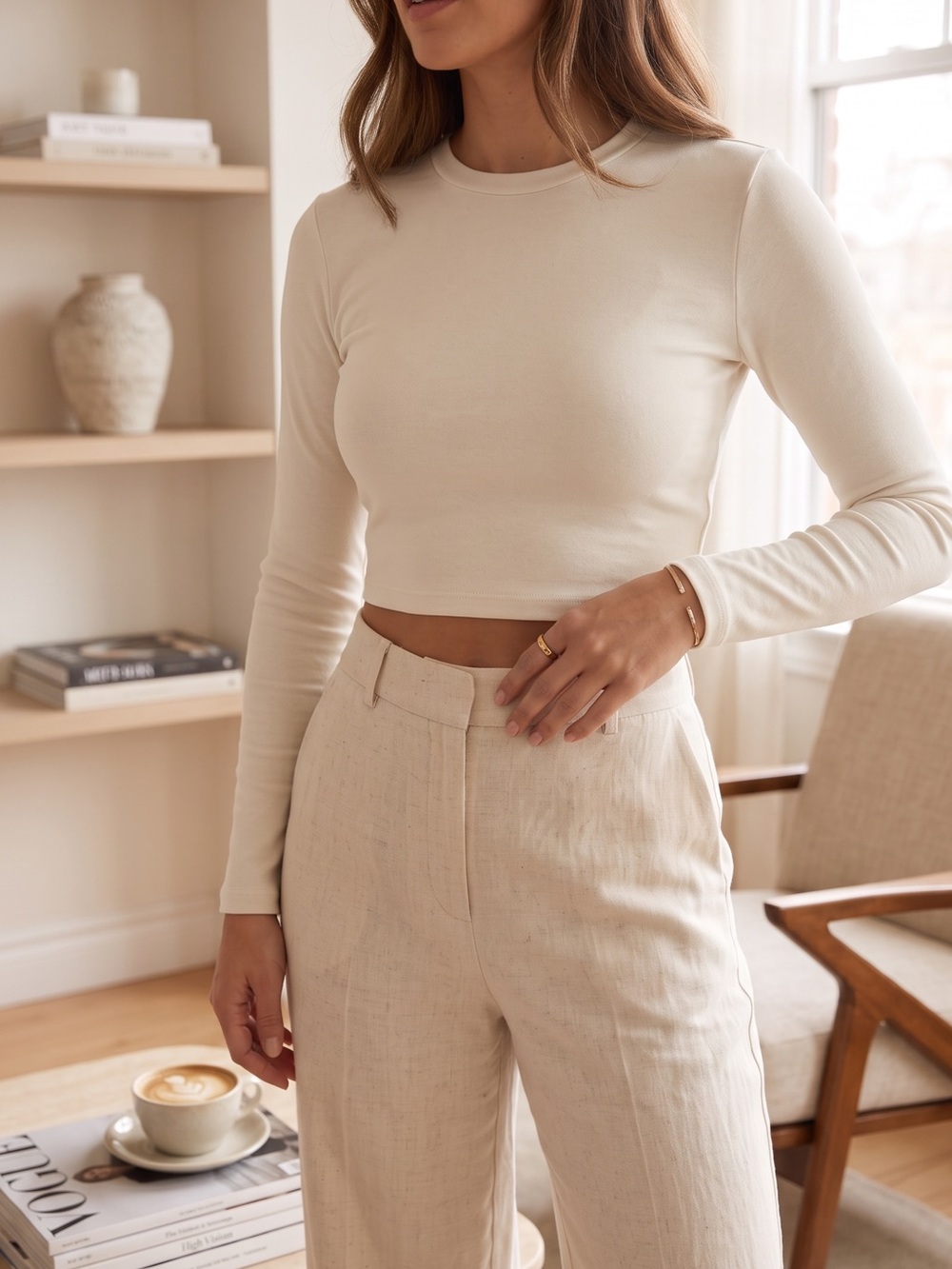 Zara Cream Long Sleeve Cropped Top